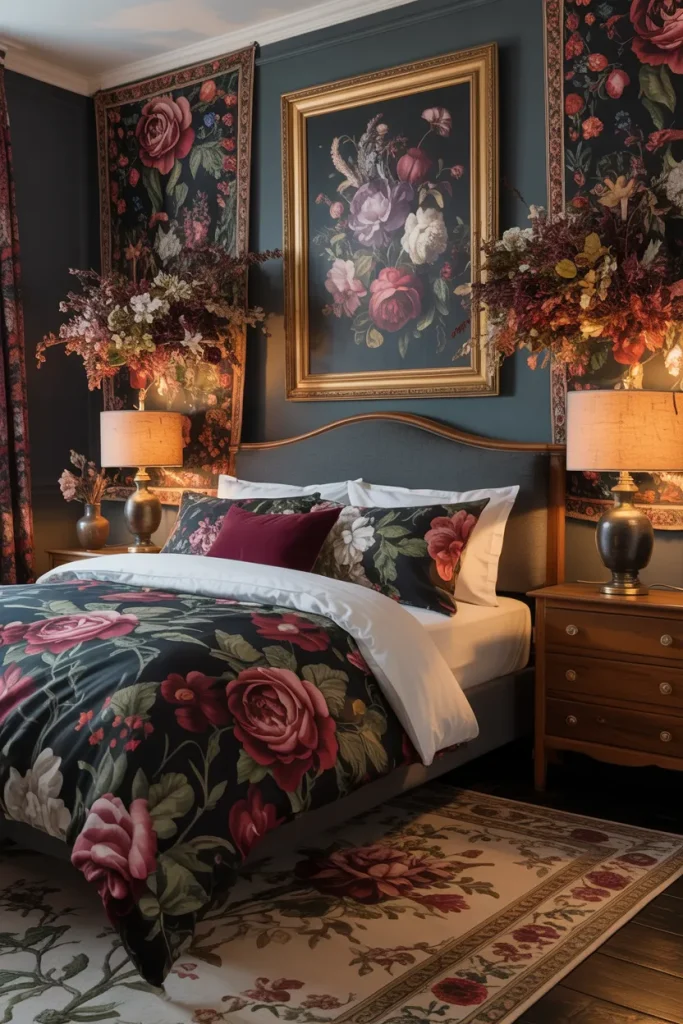 25 Bohemian Dark Cottagecore Bedroom Ideas for the Ultimate Moody Aesthetic 5 Moody Floral Accents