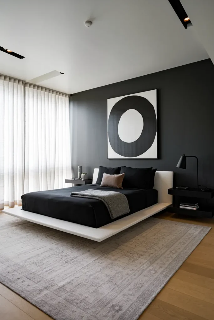 20 Black, White, and Grey Bedroom Ideas That Feel Cozy Yet Luxurious 7 Moody Minimalism with Charcoal Walls