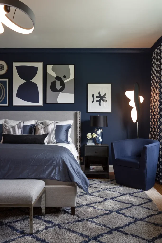 20 Navy Blue and Grey Modern Bedroom Decor Ideas That Feel Timeless & Cozy 9 Navy and Grey Artistic Retreat