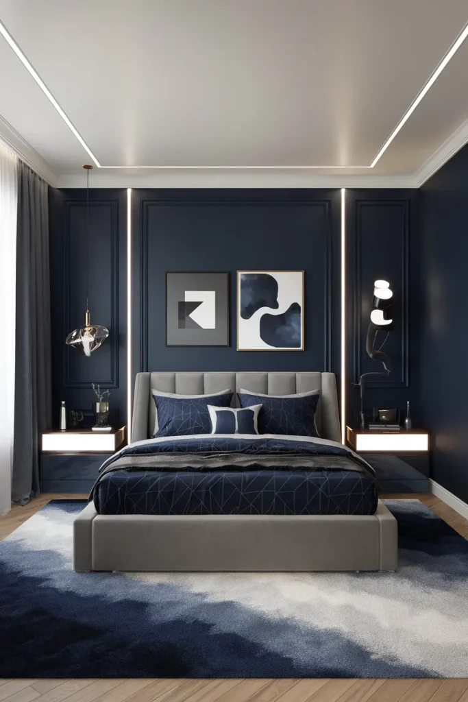 20 Navy Blue and Grey Modern Bedroom Decor Ideas That Feel Timeless & Cozy 2 Navy and Grey Futuristic Glow