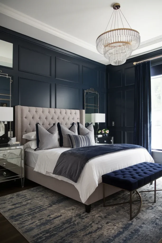 20 Navy Blue and Grey Modern Bedroom Decor Ideas That Feel Timeless & Cozy 8 Navy and Grey Luxe Hotel Suite