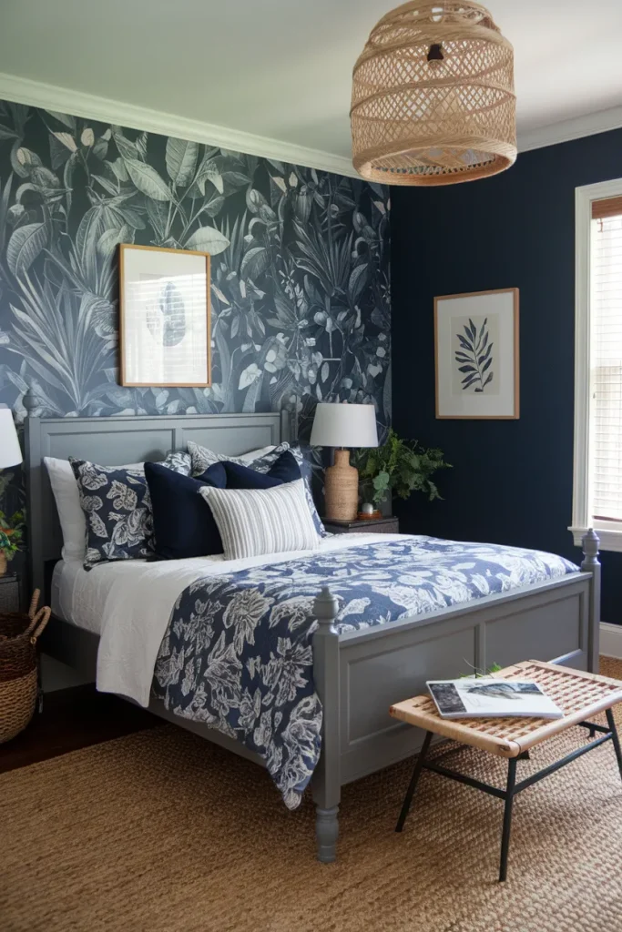 20 Navy Blue and Grey Modern Bedroom Decor Ideas That Feel Timeless & Cozy 10 Navy and Grey Nature-Inspired Retreat