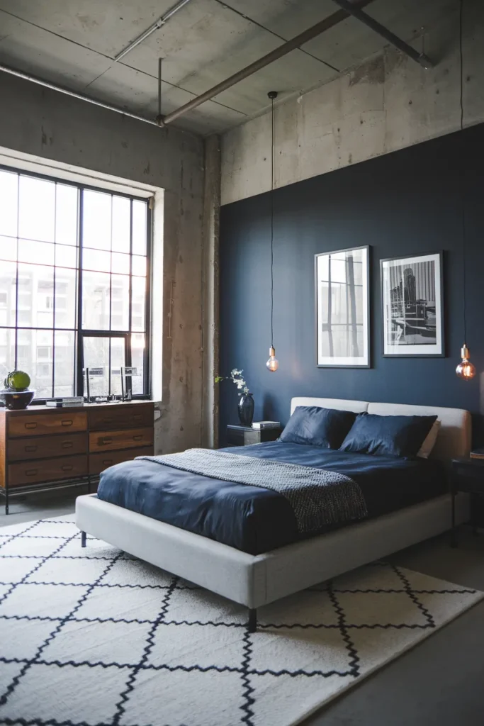 20 Navy Blue and Grey Modern Bedroom Decor Ideas That Feel Timeless & Cozy 6 Navy and Grey Urban Loft Vibes