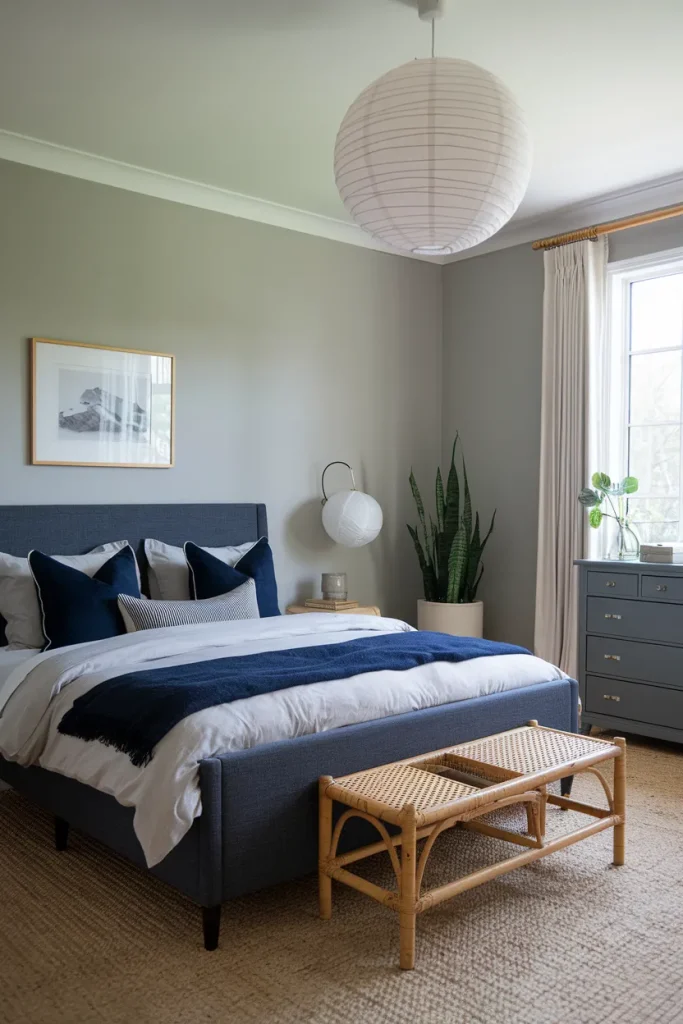 20 Navy Blue and Grey Modern Bedroom Decor Ideas That Feel Timeless & Cozy 3 Navy and Grey Zen Retreat