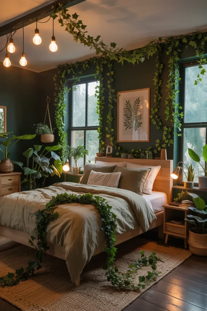 25 Bohemian Dark Cottagecore Bedroom Ideas for the Ultimate Moody Aesthetic 8 Overgrown Ivy Retreat