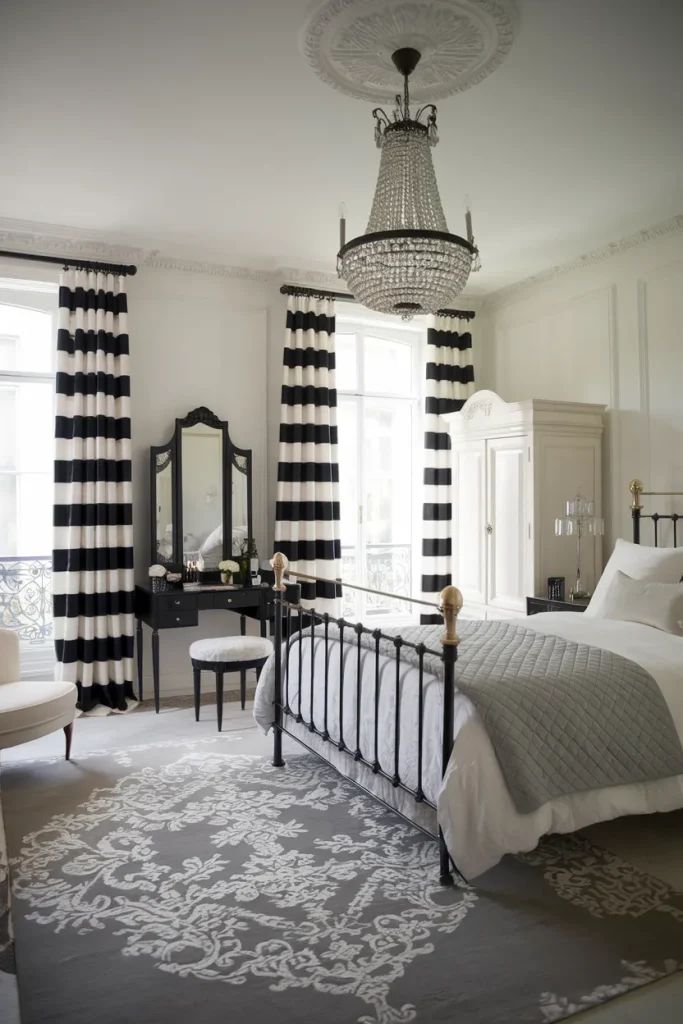 20 Black, White, and Grey Bedroom Ideas That Feel Cozy Yet Luxurious 18 Parisian Chic with Black and White Elegance