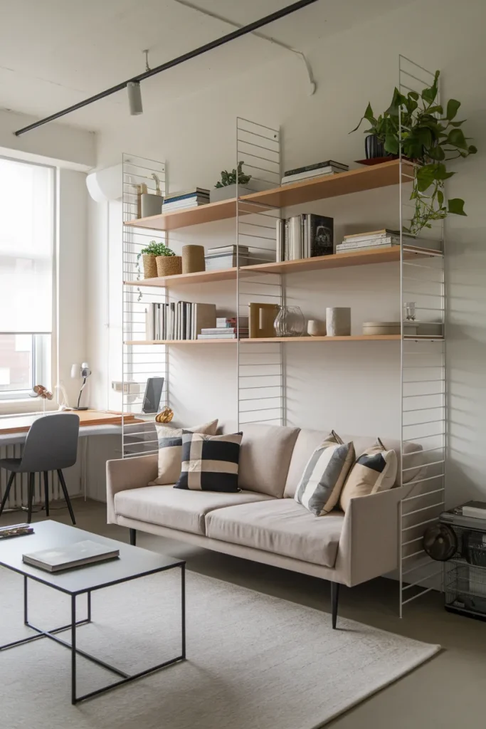 25 Modern Small Living Room Ideas That Make Spaces Look Bigger 18 Partition Shelves for Open Zoning