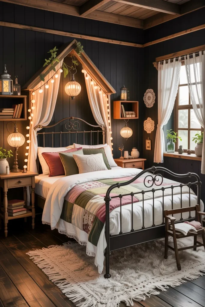 25 Bohemian Dark Cottagecore Bedroom Ideas for the Ultimate Moody Aesthetic 6 Rustic Fairy Tale Charm