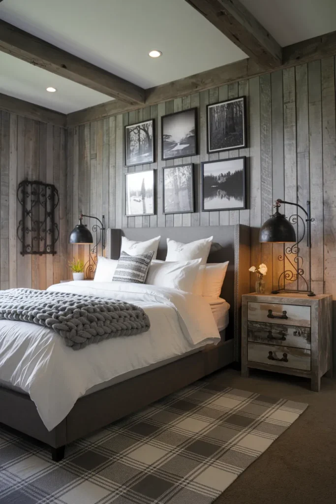 20 Black, White, and Grey Bedroom Ideas That Feel Cozy Yet Luxurious 13 Rustic Retreat with Grey Tones