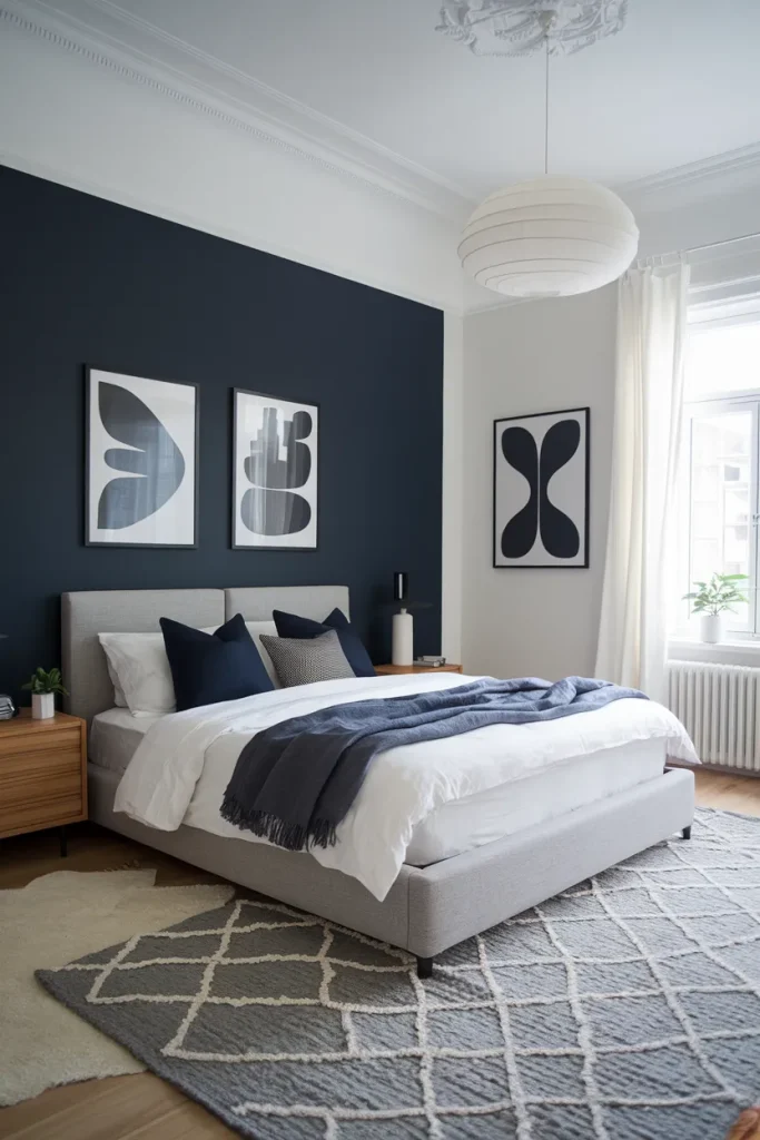 20 Navy Blue and Grey Modern Bedroom Decor Ideas That Feel Timeless & Cozy 16 Scandinavian Simplicity with Navy and Grey Accents