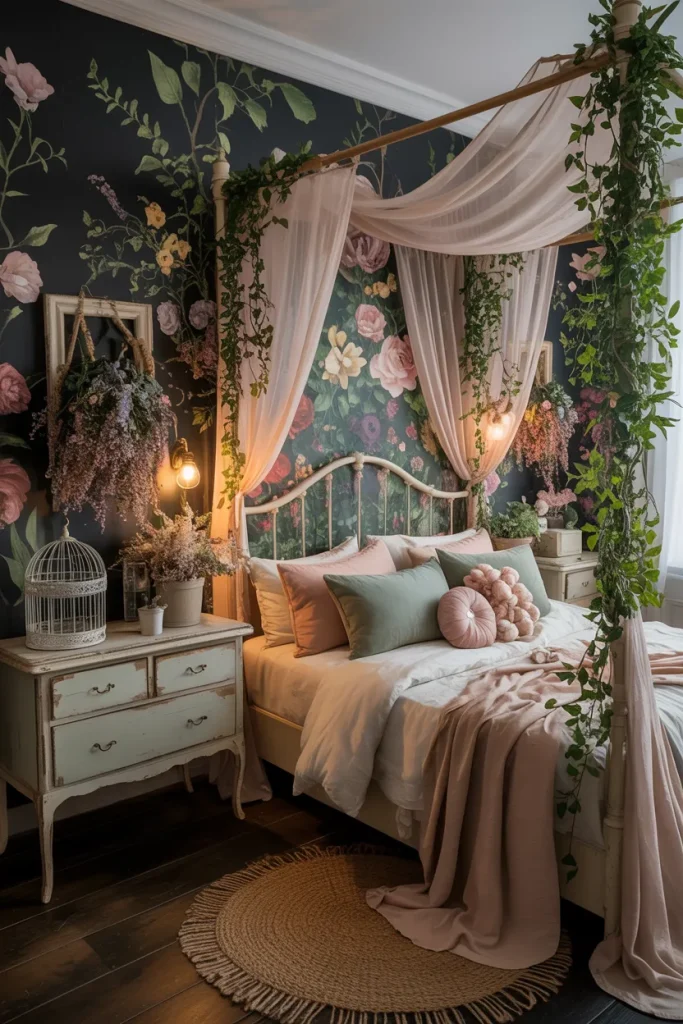 25 Bohemian Dark Cottagecore Bedroom Ideas for the Ultimate Moody Aesthetic 24 Secret Garden Hideaway