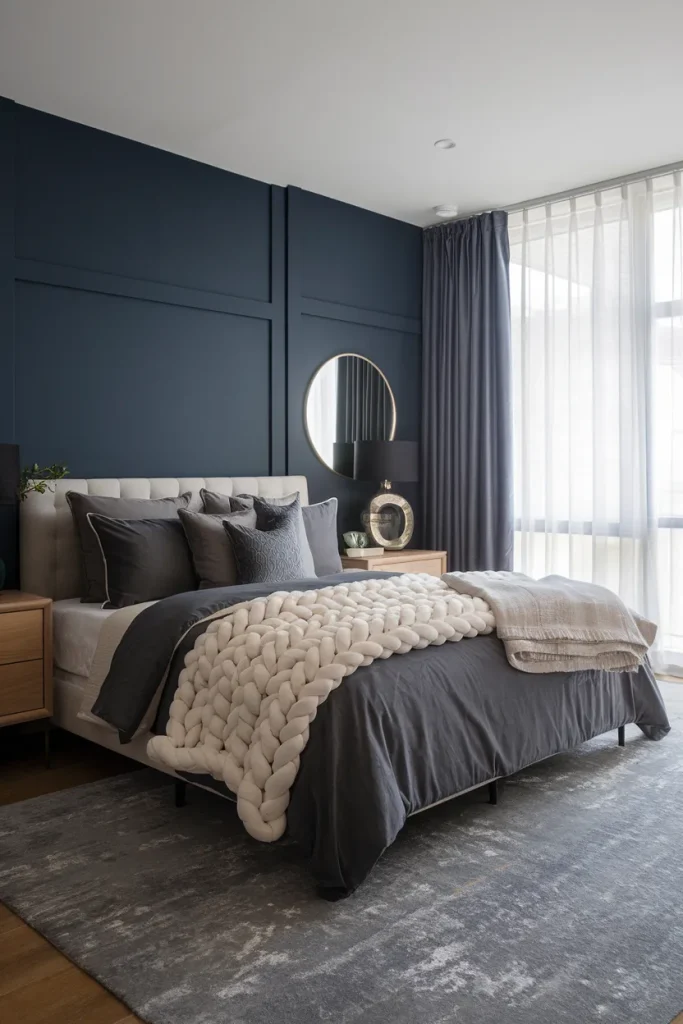 20 Navy Blue and Grey Modern Bedroom Decor Ideas That Feel Timeless & Cozy 11 Serene Navy and Grey Oasis with Layered Textures