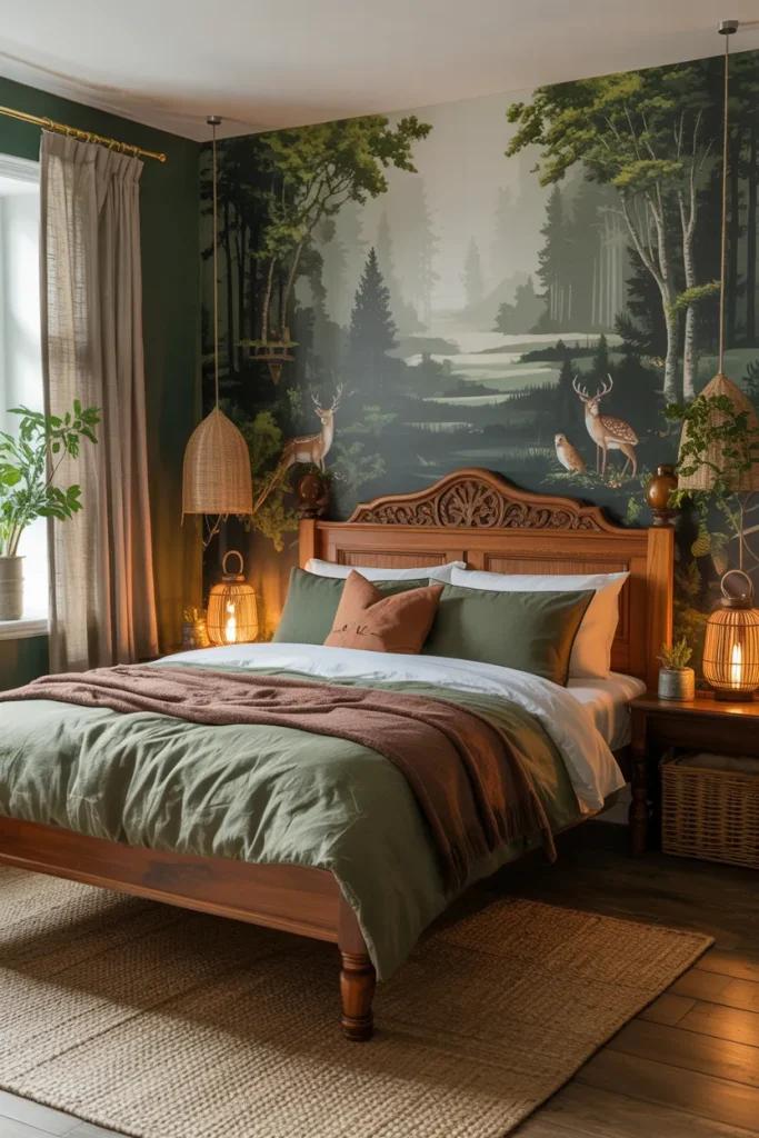 25 Bohemian Dark Cottagecore Bedroom Ideas for the Ultimate Moody Aesthetic 12 Shadowy Woodland Escape