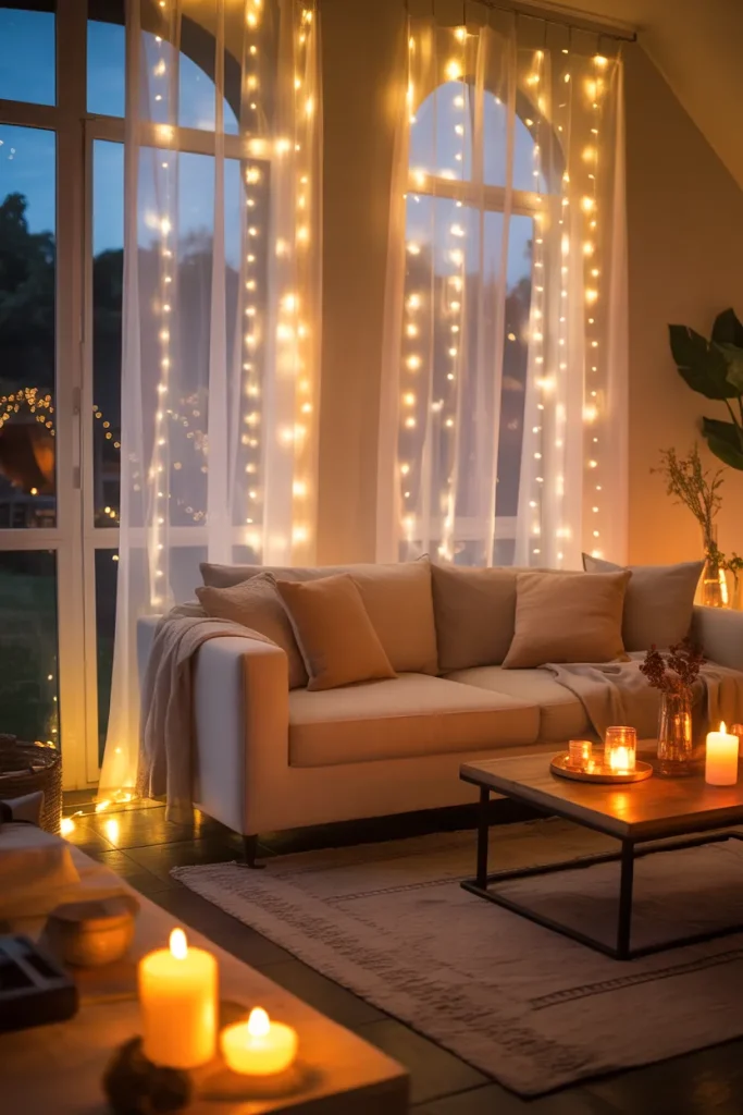 15 Sheer Curtains Living Room Ideas That Feel Effortlessly Elegant 7 Sheer Curtains with Fairy Lights