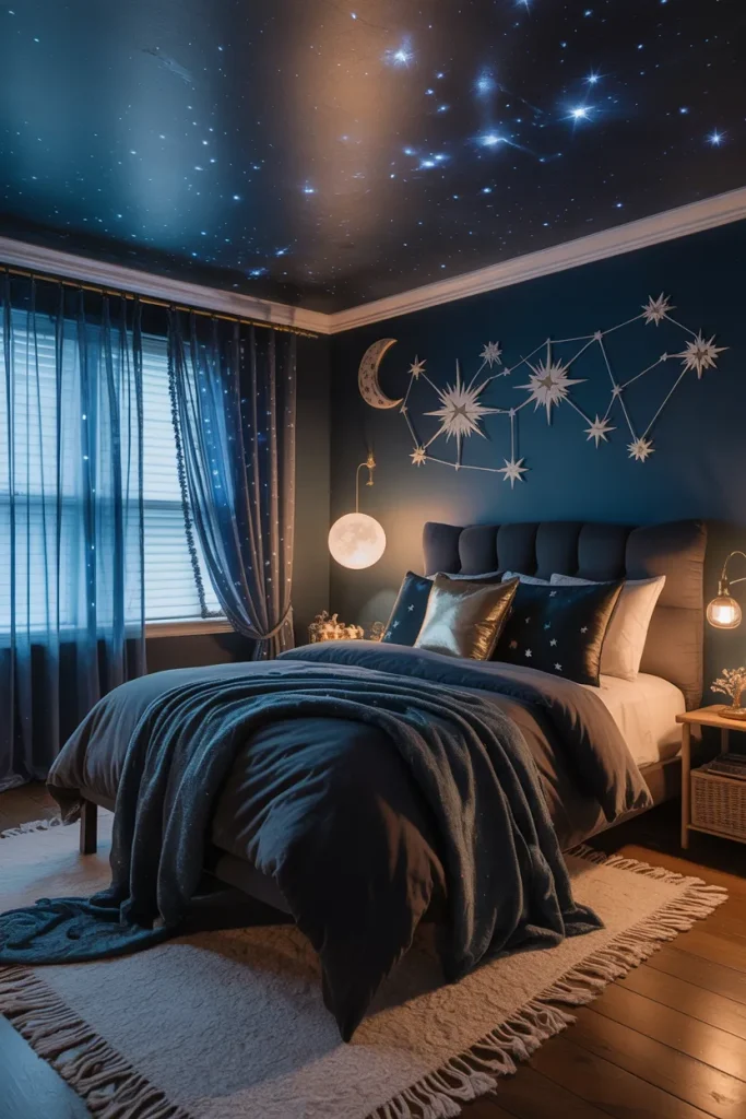 25 Bohemian Dark Cottagecore Bedroom Ideas for the Ultimate Moody Aesthetic 7 Starry Night Ceiling
