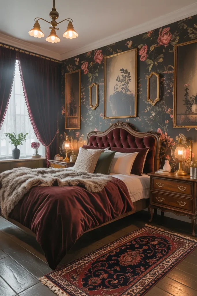 25 Bohemian Dark Cottagecore Bedroom Ideas for the Ultimate Moody Aesthetic 3 Velvet and Vintage Elegance
