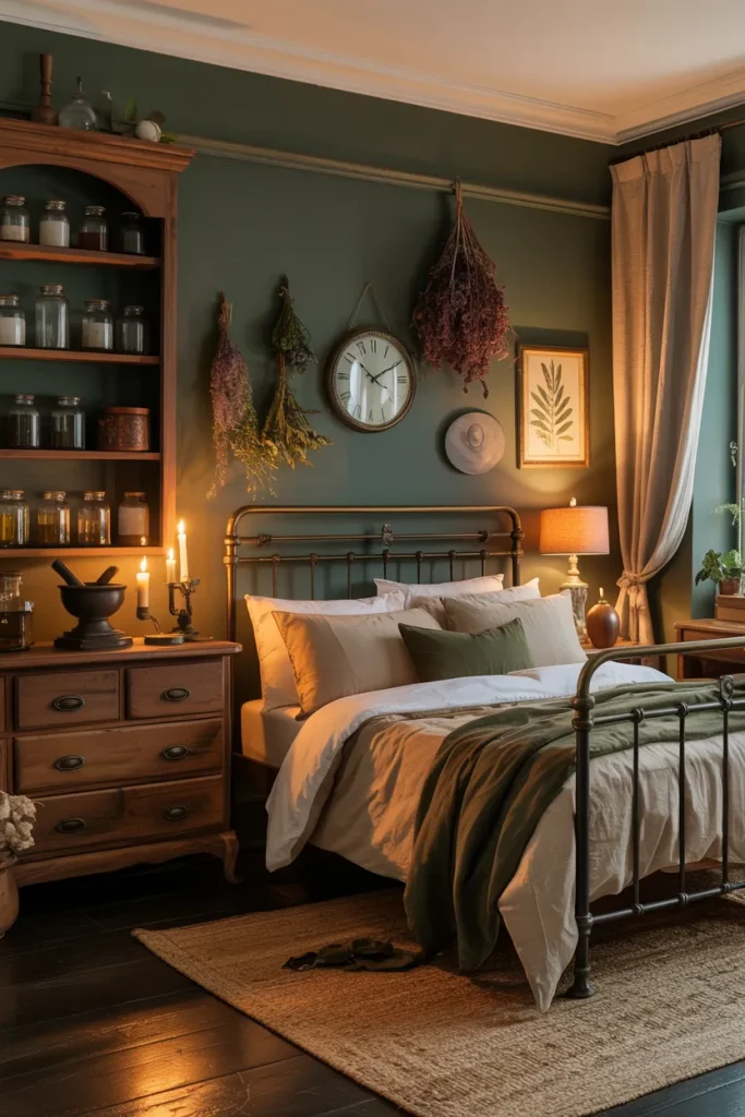 25 Bohemian Dark Cottagecore Bedroom Ideas for the Ultimate Moody Aesthetic 23 Vintage Apothecary Nook