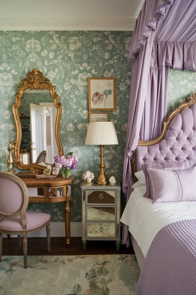 Vintage Glam Lavender and Sage Bedroom
