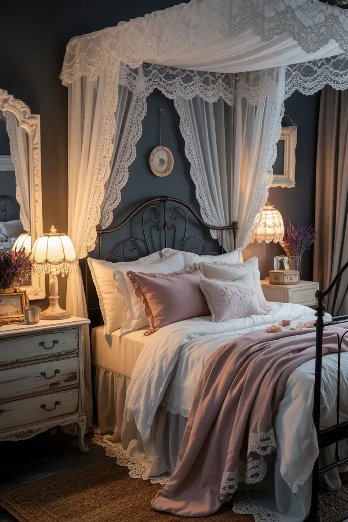 25 Bohemian Dark Cottagecore Bedroom Ideas for the Ultimate Moody Aesthetic 15 Vintage Lace Dreamscape