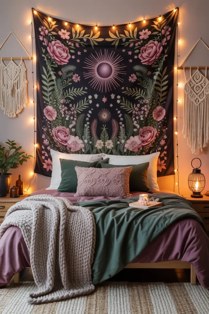25 Bohemian Dark Cottagecore Bedroom Ideas for the Ultimate Moody Aesthetic 10 Whimsical Tapestry Haven