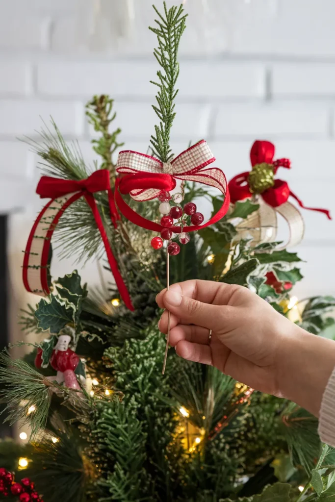 12 Dollar Store DIY Christmas Decor Ideas for Stylish and Affordable Holiday Decorating 13 Ribbon and Bead Christmas Tree Picks